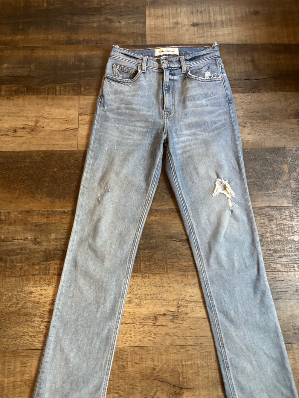 Reformation Light Blue Skinny Jeans with Knee Distress